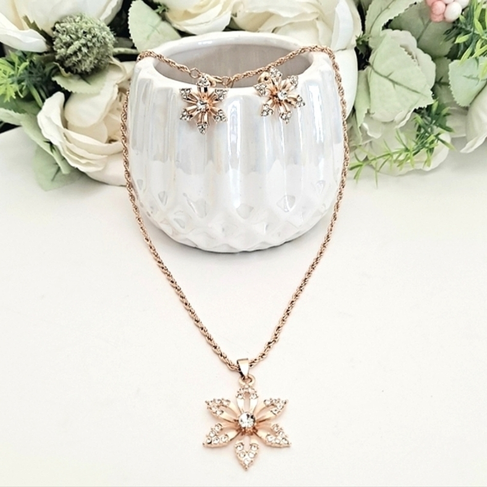 Gold Rhinestone Flower Necklace Earrings Statement Set Crystal Floral Jewelry